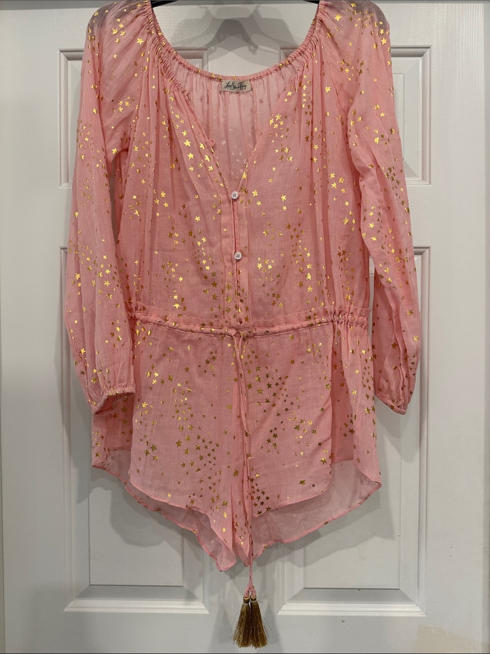 LoveShackFancy Pink & Gold Star Print Swim Coverup Romper